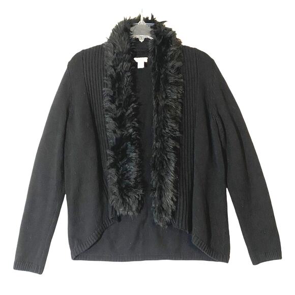 Chico's Sweaters - Chicos Women Medium Cardigan Open Front Sweater Texture Knit Faux Fur Trim Black